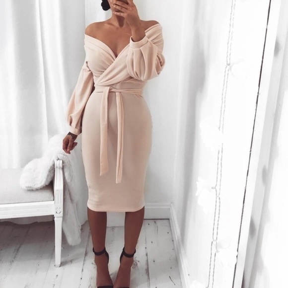 Nude Off-Shoulder Bodycon Wrap Dress - Picture 3 of 4